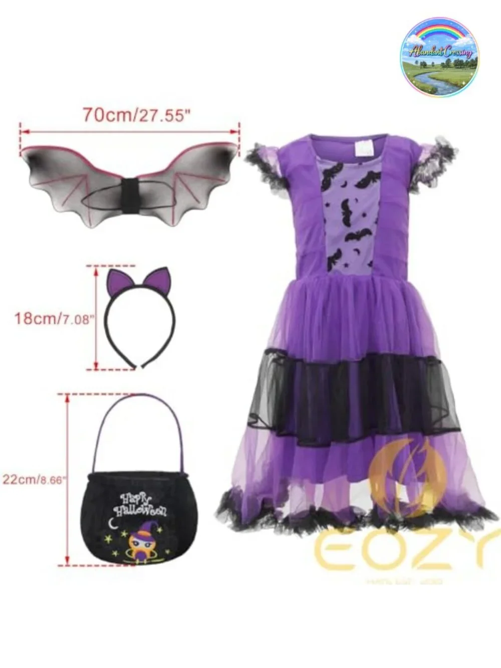 Girls Bat Vampire Halloween Costume Set with Dress Headband Wings